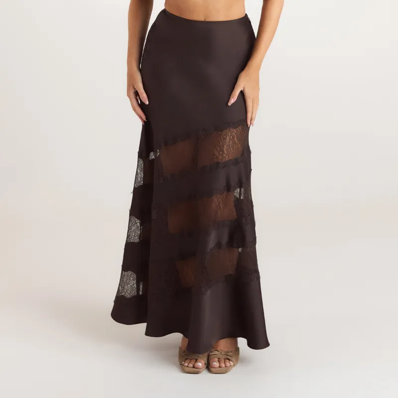 Lace Trim Maxi Skirt - Chocolate made by Lounge Underwear