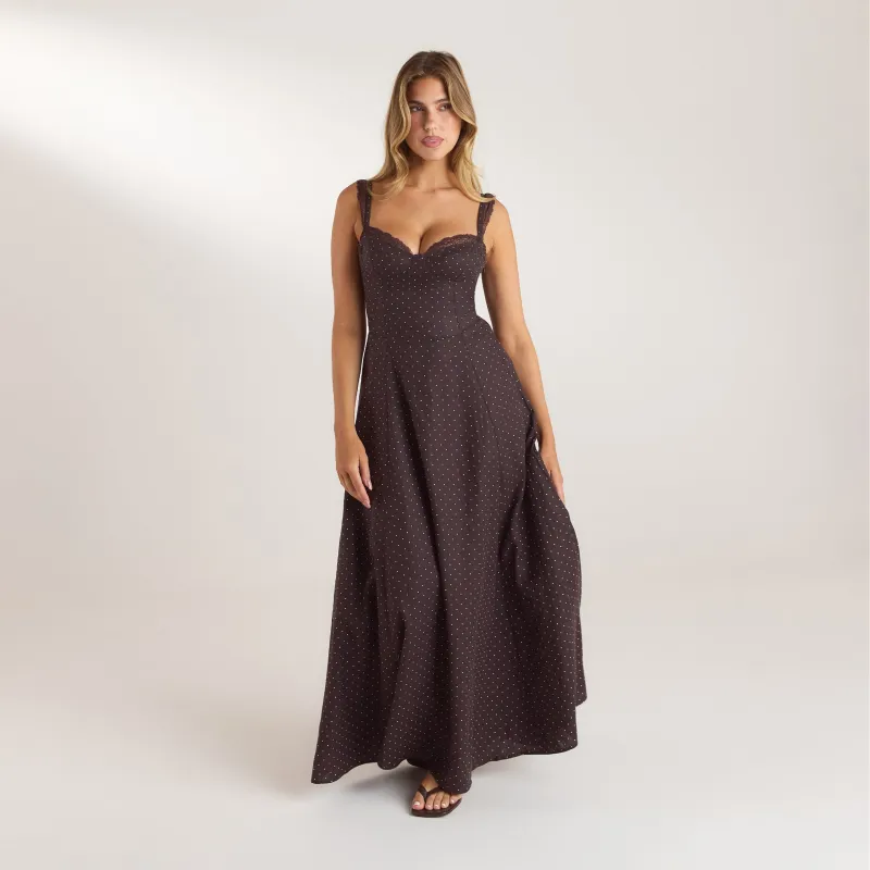 Lace Trim Maxi Dress - Chocolate Polka Dot made by Lounge Underwear