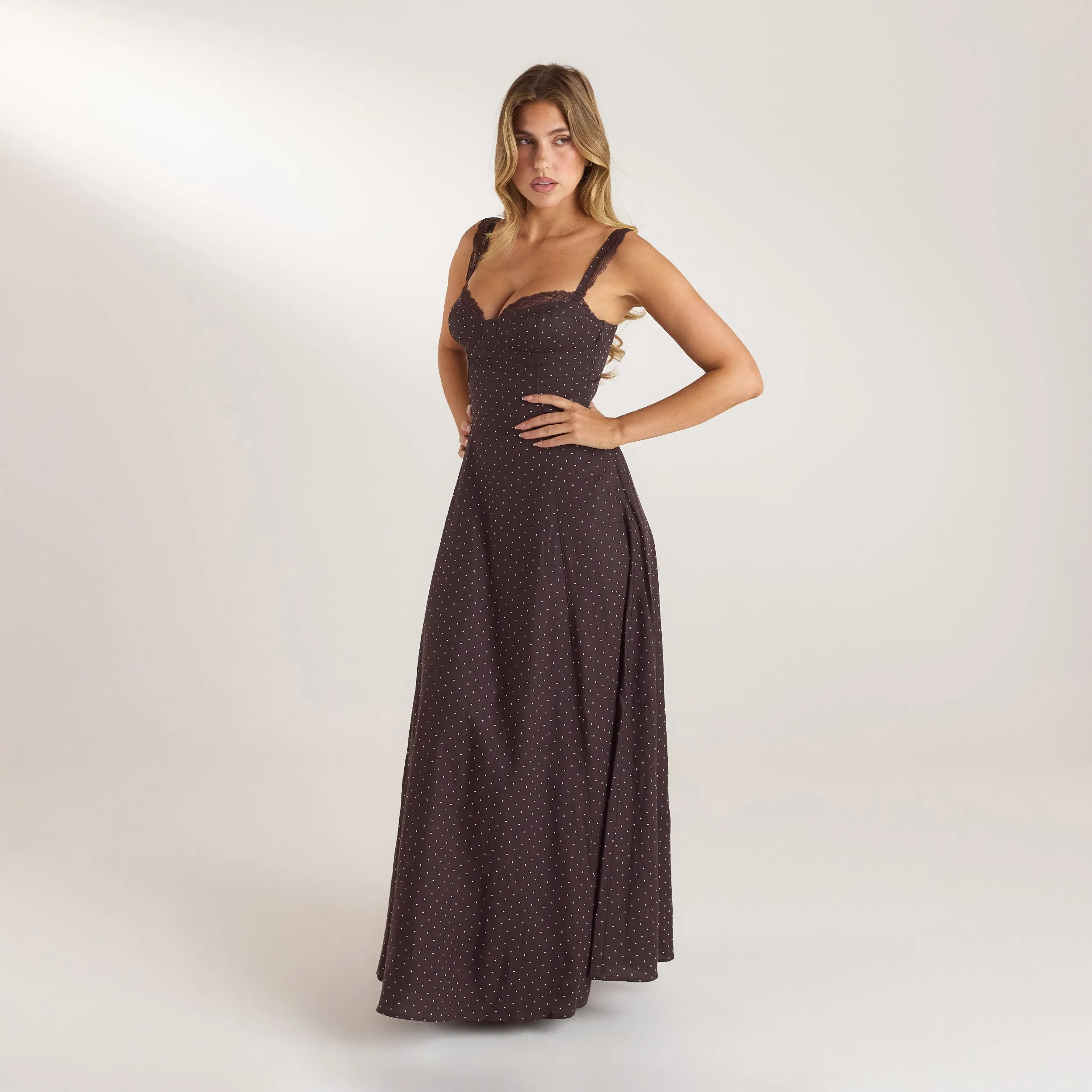Lace Trim Maxi Dress - Chocolate Polka Dot sold by Lounge Underwear product image thumbnail 5