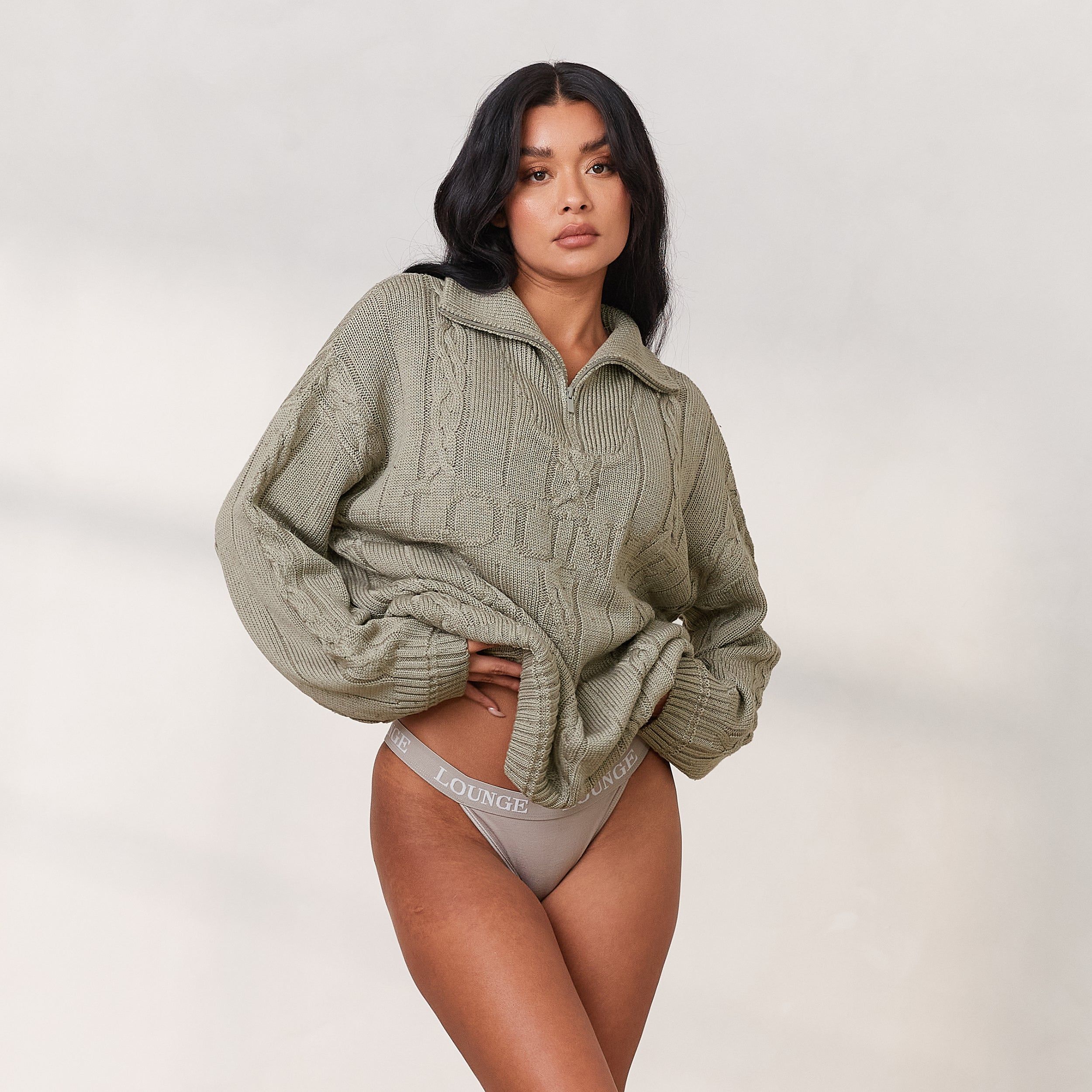 Cosy Knit Quarter Zip Jumper - Sage sold by Lounge Underwear product image thumbnail 3