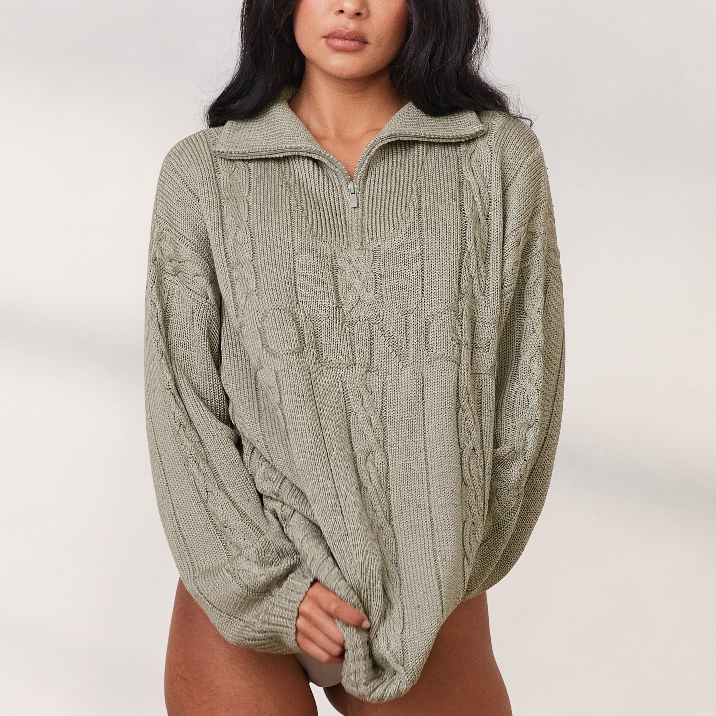 Cosy Knit Quarter Zip Jumper - Sage sold by Lounge Underwear product image thumbnail 2