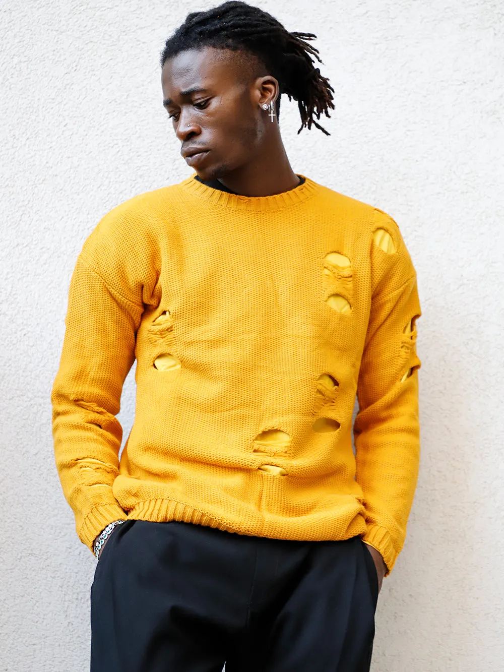 DISTRESSED DOUBLE LAYER SWEATER // MUSTARD sold by Sernes