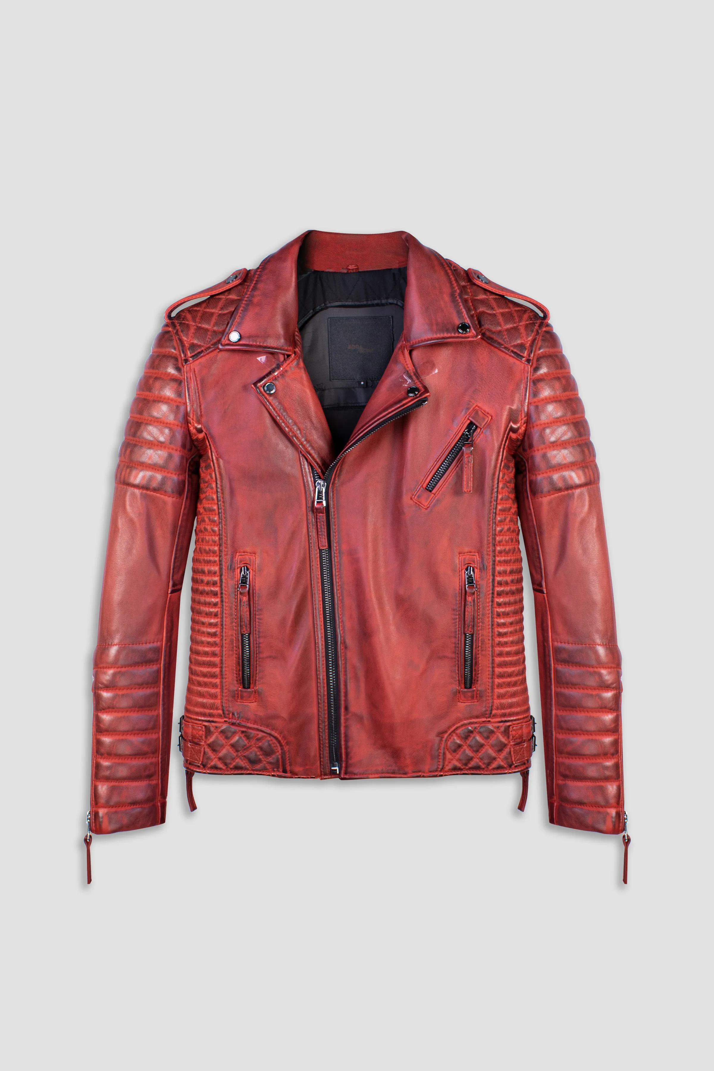 Kay Michaels: Biker Protection Burnt Red Leather Jacket (Man) sold by Boda Skins