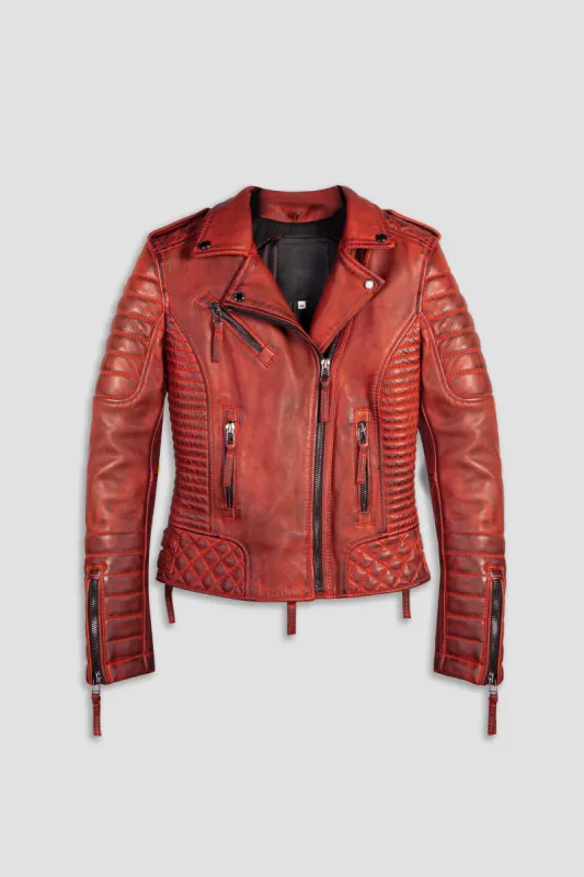 Kay Michaels Tall: Biker Protection Burnt Red Leather Jacket  (Woman) sold by Boda Skins