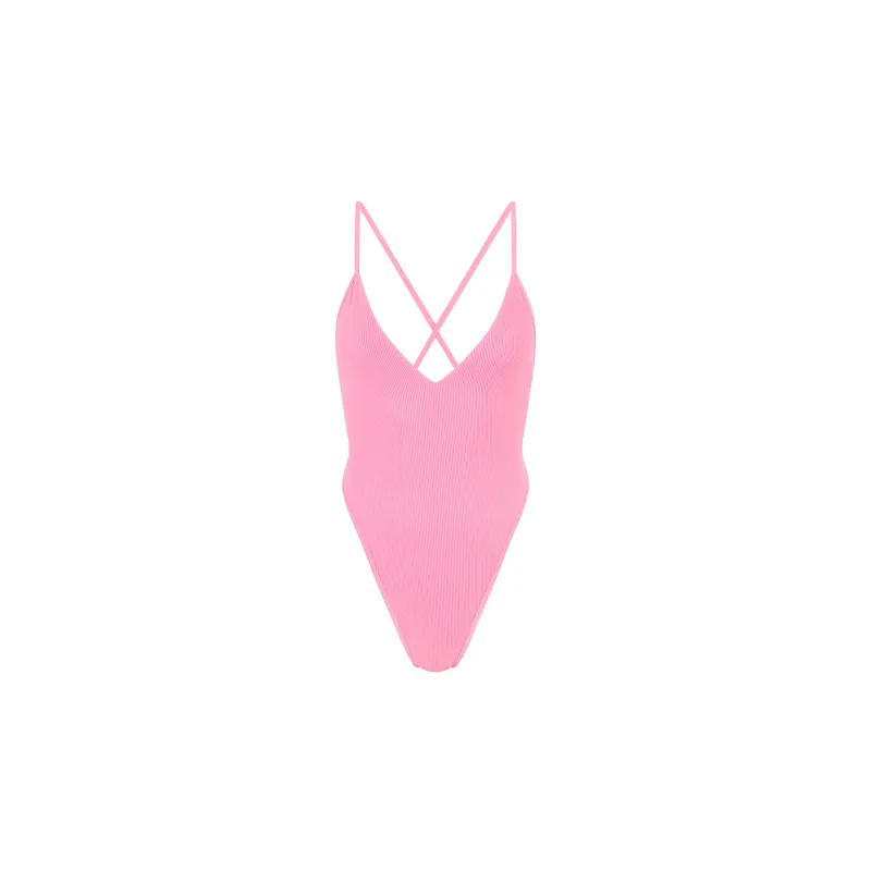 Plunge Cross Back One Piece - Taffy Pink Ribbed sold by Kulani Kinis