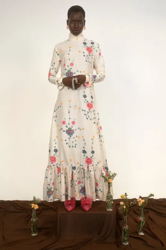 Country Girl Dress- Ivory Floral Silk Dupioni made by House of Aama