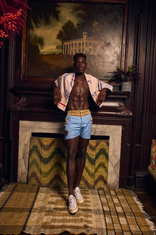 Swim Trunk with Embroidered Patch-Light Blue-Pre Order sold by House of Aama