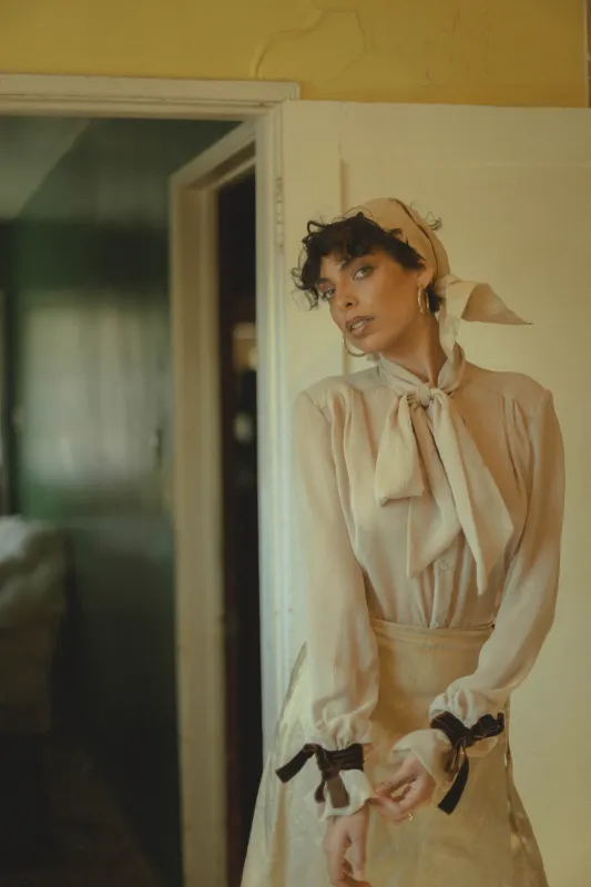 Tan Victorian Silky Pussybow Shirt made by House of Aama