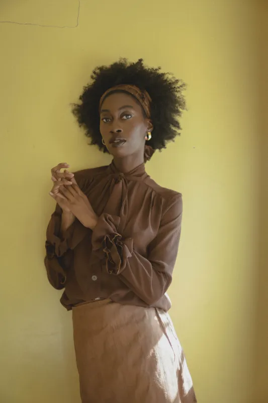 Chocolate Brown Victorian Silky Pussybow Shirt - Pre Order sold by House of Aama