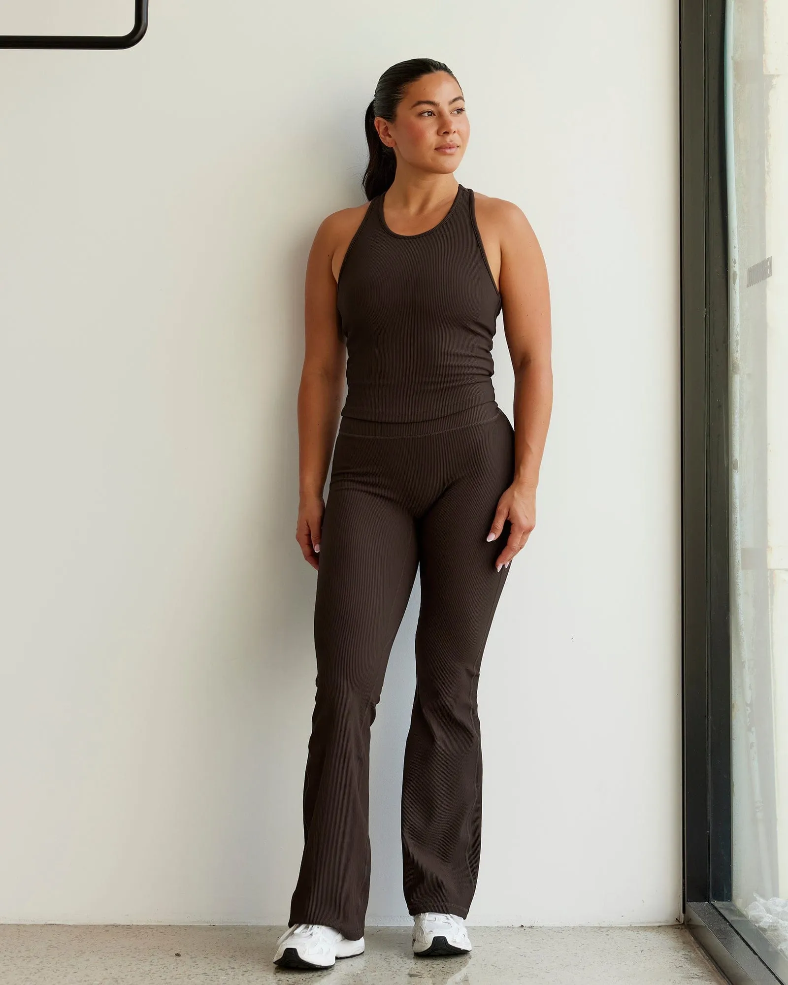 Flow Ribbed Shelf Bra Performance Tank - Dark Chocolate sold by LSKD product image thumbnail 2