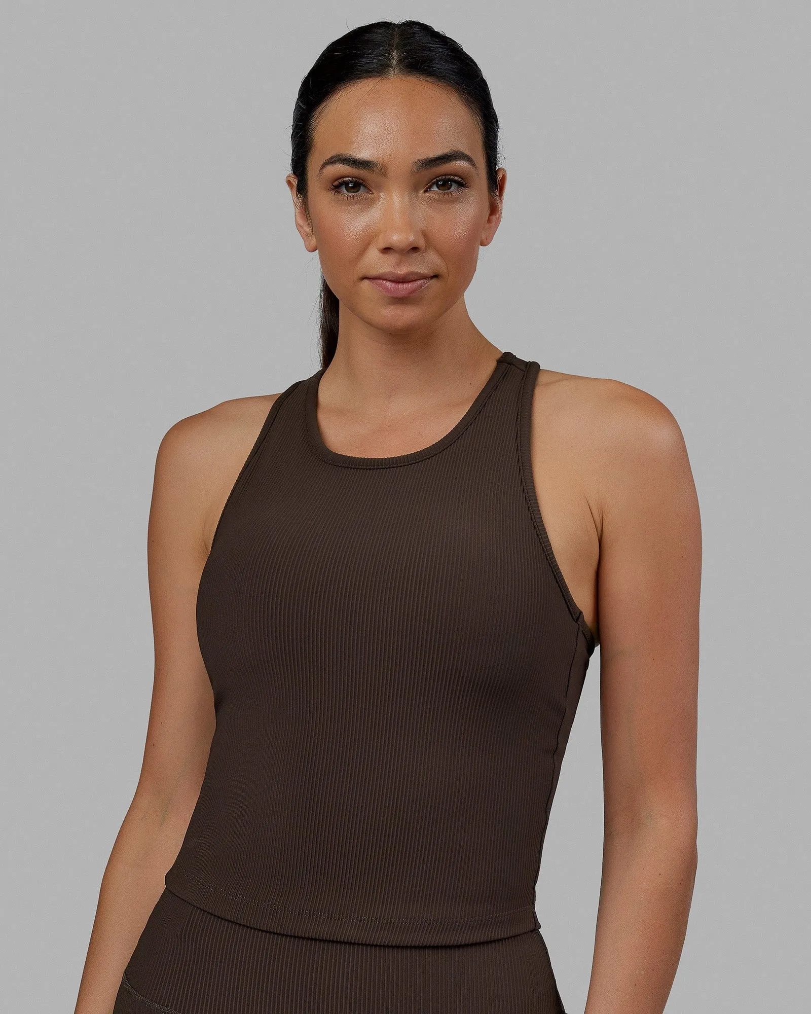 Flow Ribbed Shelf Bra Performance Tank - Dark Chocolate sold by LSKD