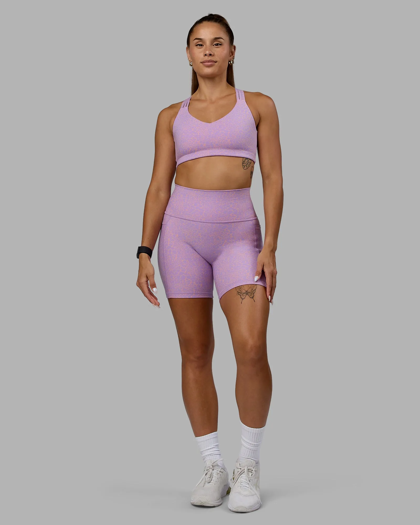 Fusion Mid Short Tight with Pockets - Pale Lilac Vitality Print sold by LSKD product image thumbnail 5