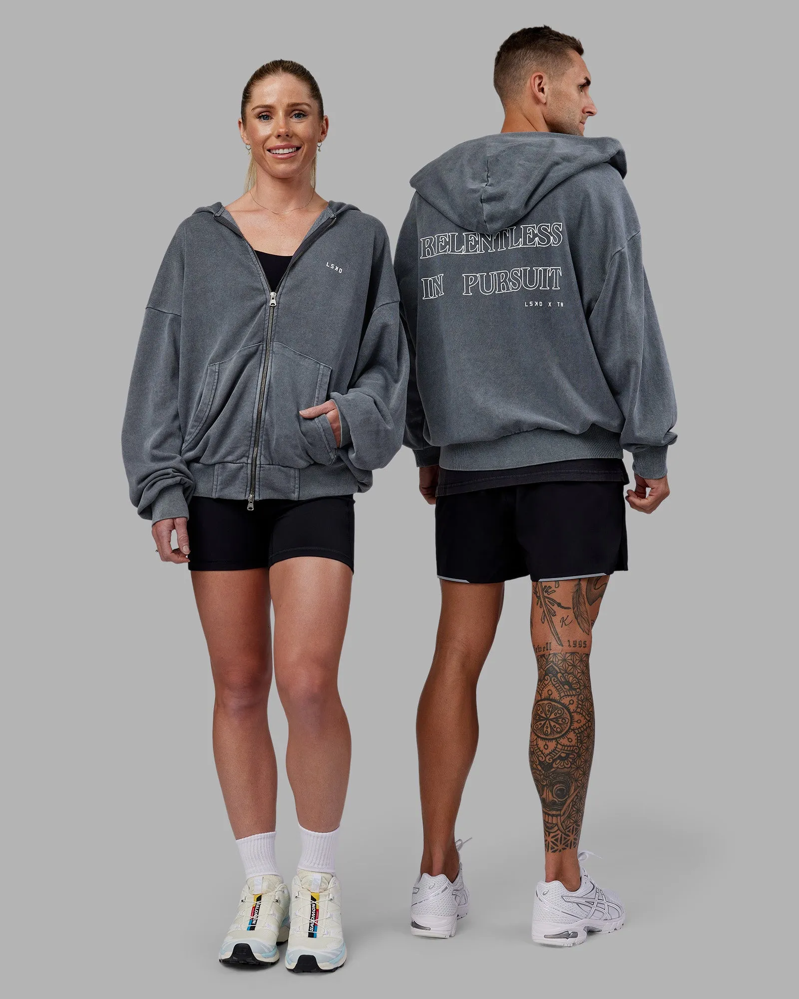 Relentless Washed Zip Through Oversized Hoodie - Dark Storm-White sold by LSKD product image thumbnail 2