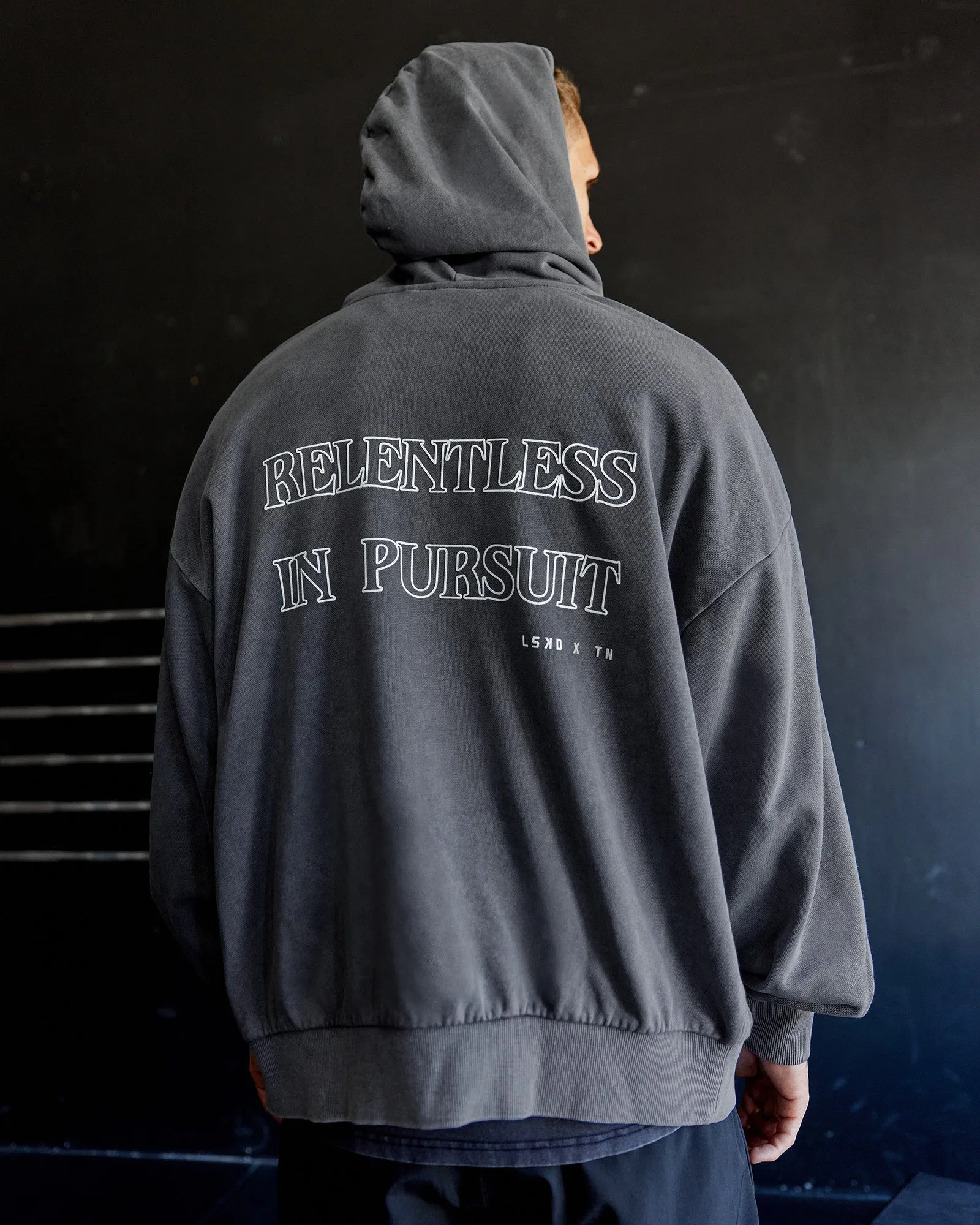 Relentless Washed Zip Through Oversized Hoodie - Dark Storm-White sold by LSKD