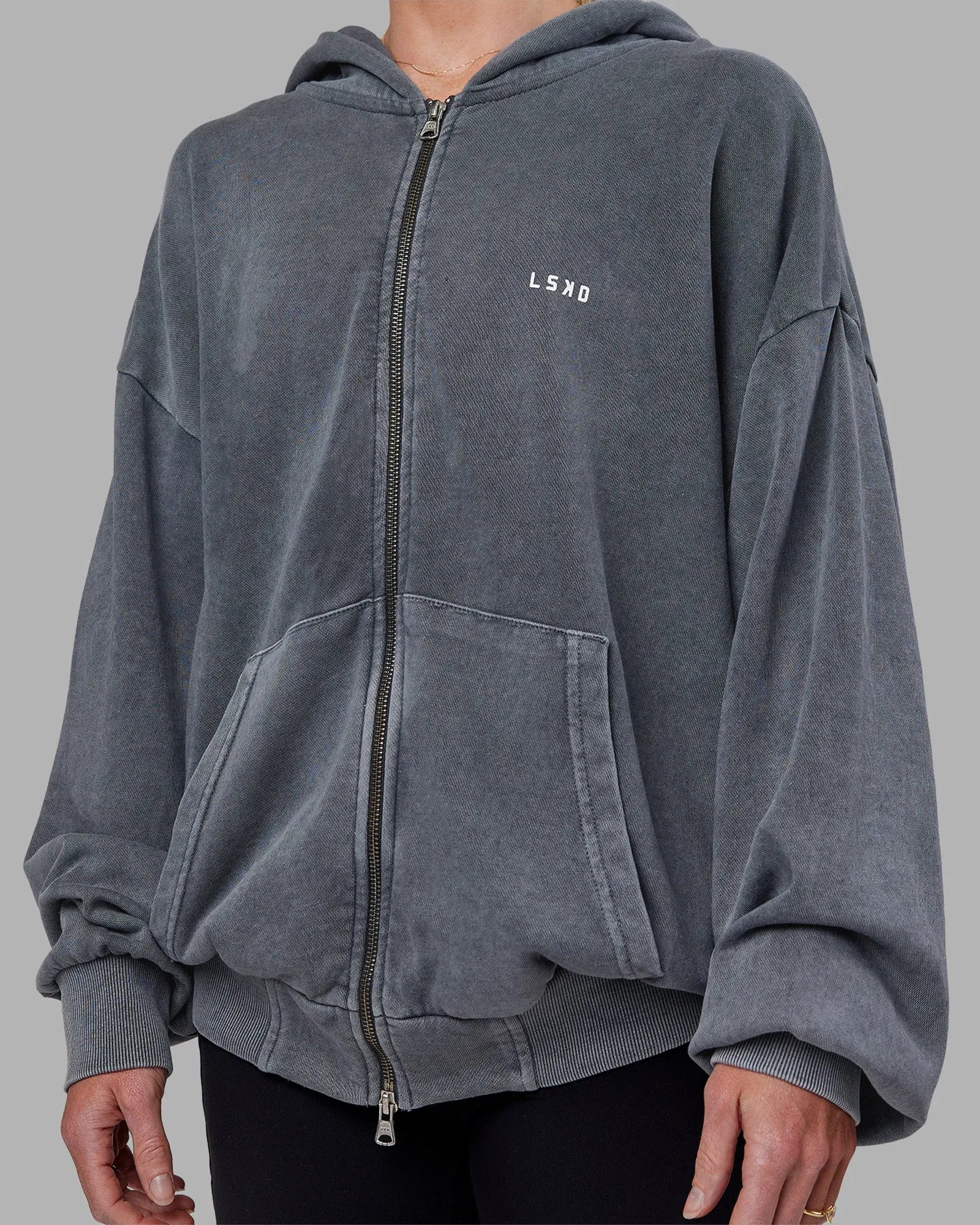 Relentless Washed Zip Through Oversized Hoodie - Dark Storm-White sold by LSKD product image thumbnail 4