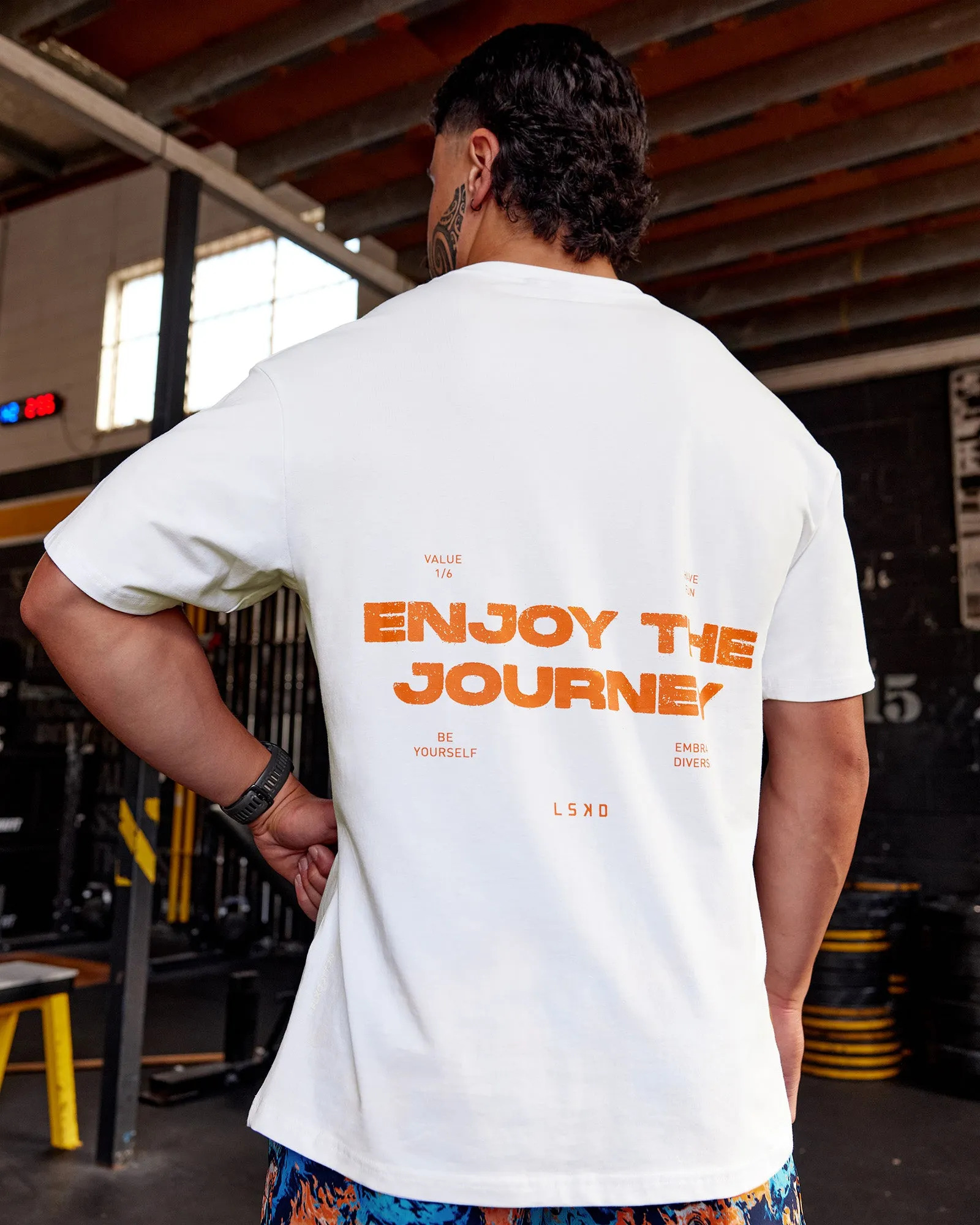 Enjoy the Journey Value Series FLXCotton Tee Oversize - White-Vibrant Orange sold by LSKD