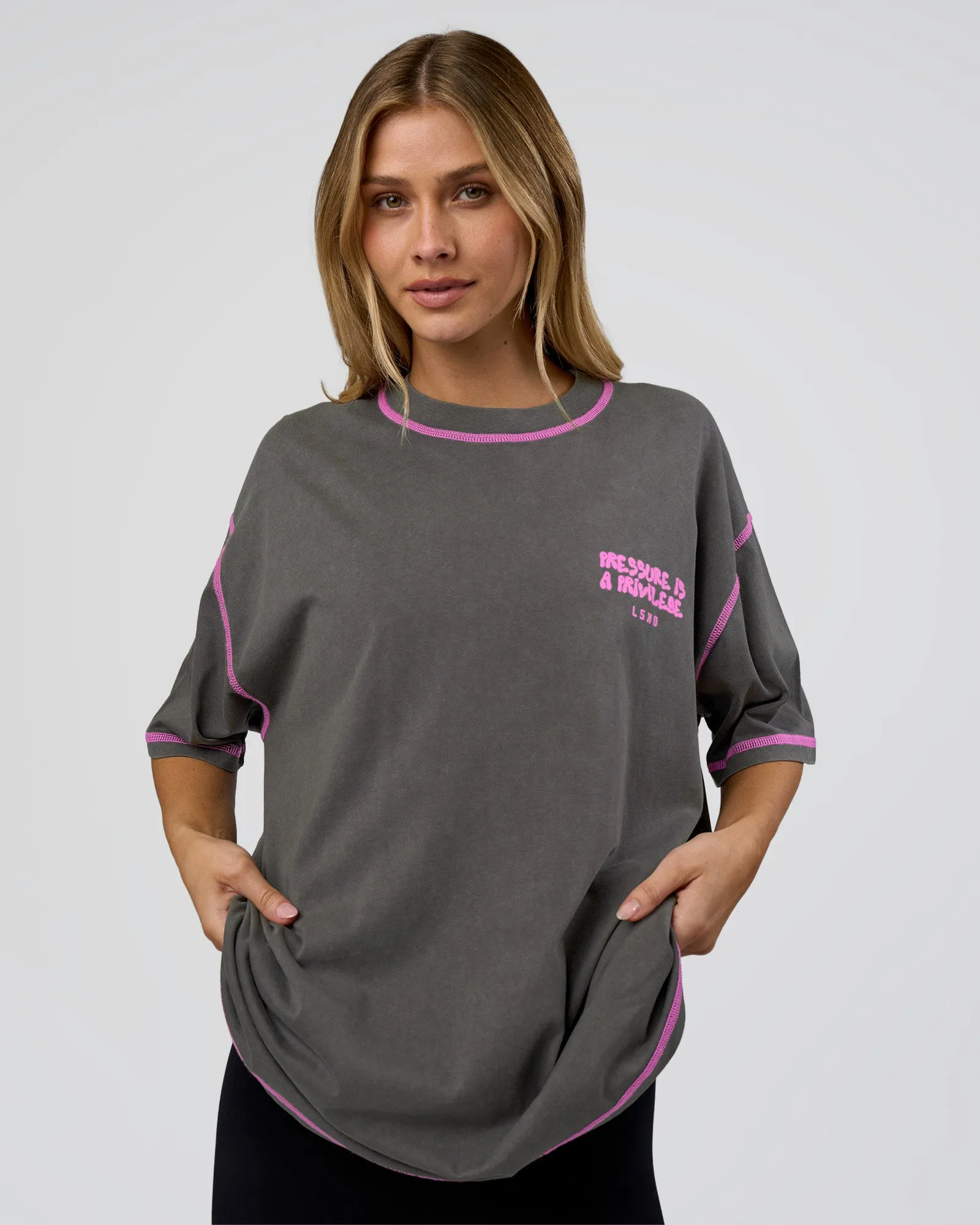 Pressure is Privilege Oversized Tee - Dark Storm Washed-Ultra Fuchsia sold by LSKD product image thumbnail 5