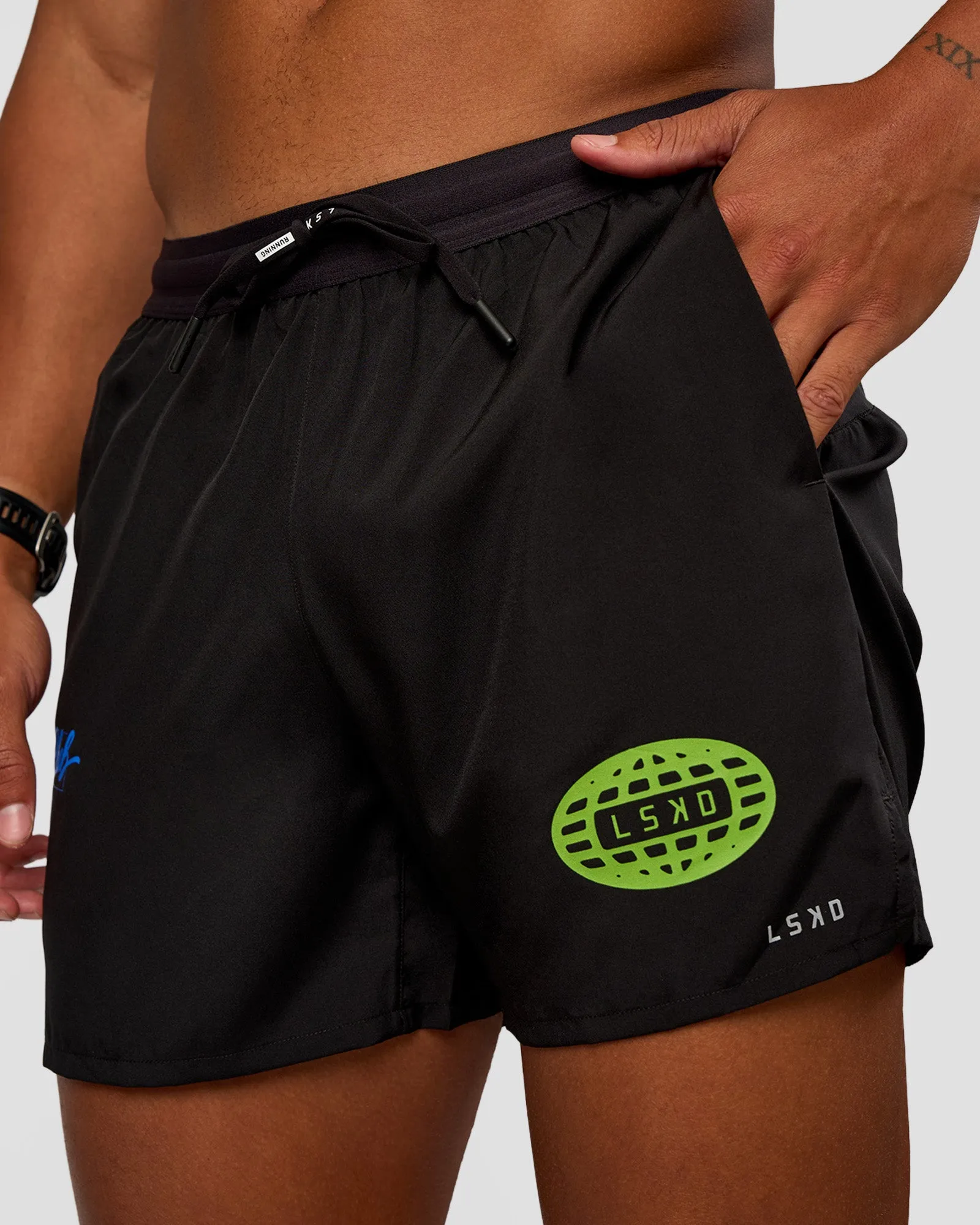 Pace 5" Lined Running Short - Black-Lime Glo Indigo sold by LSKD
