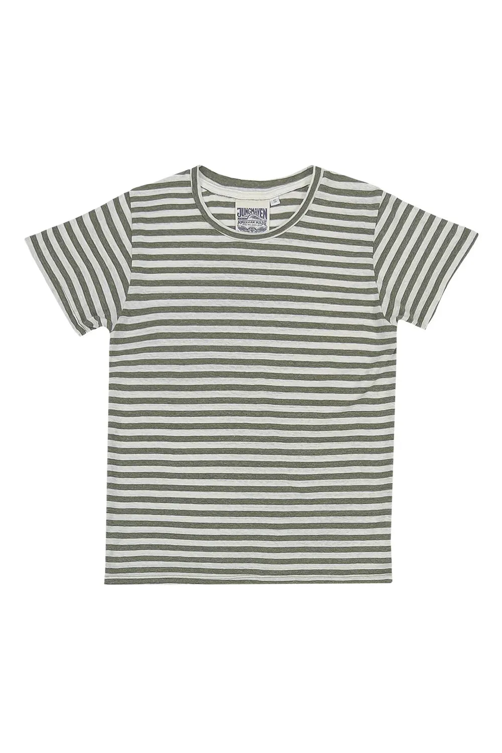 Jungmaven | Lorel Tee - Olive\White Striped sold by Fort