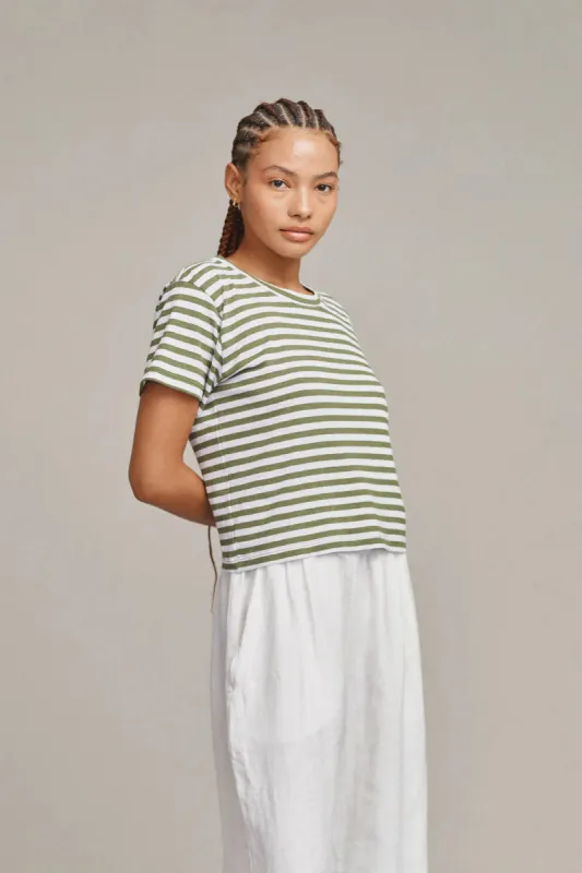 Jungmaven | Cropped Lorel Tee - Olive\White Striped sold by Fort
