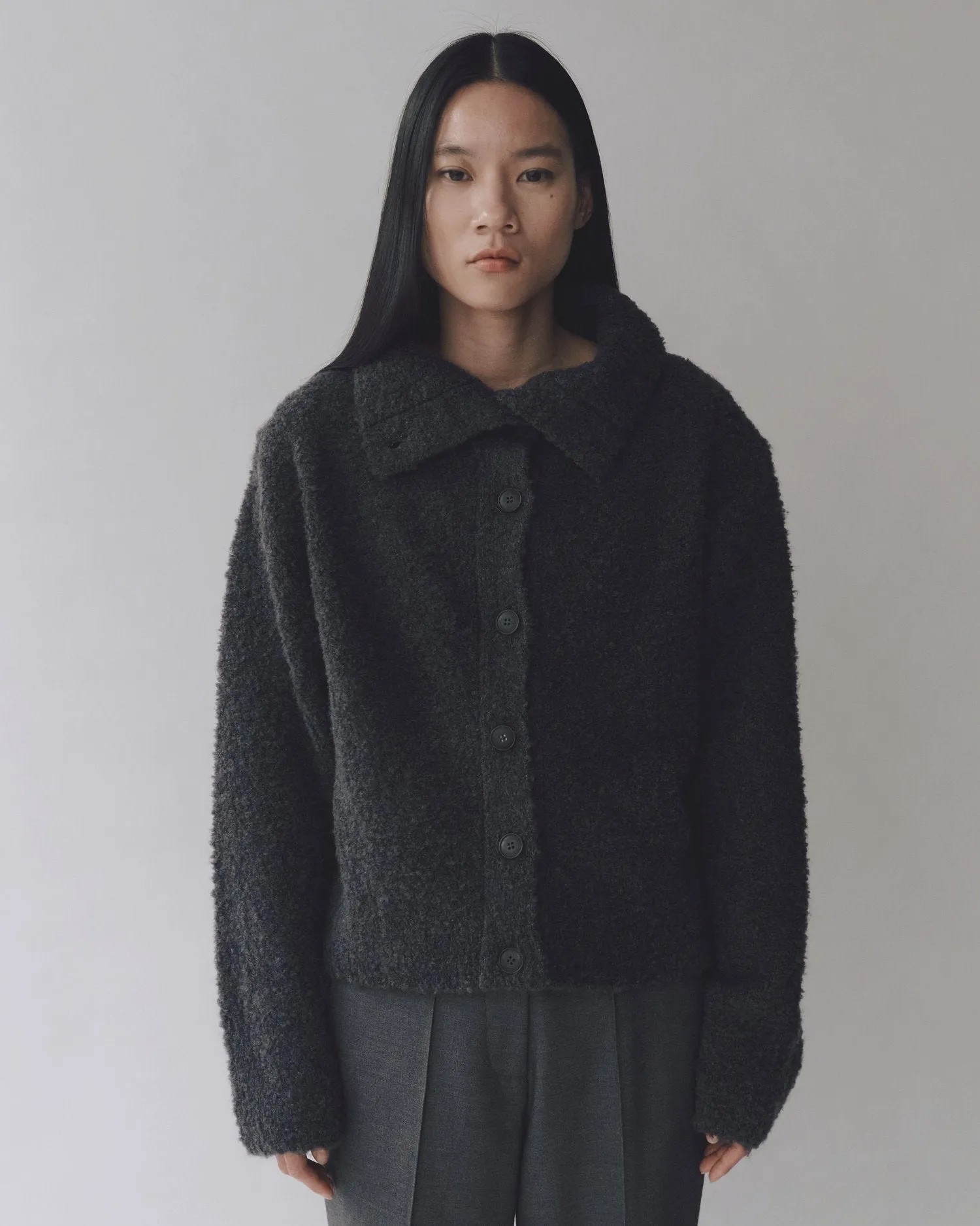 Mijeong Park | Spread Collar Boucle Cardigan - Charcoal sold by Fort