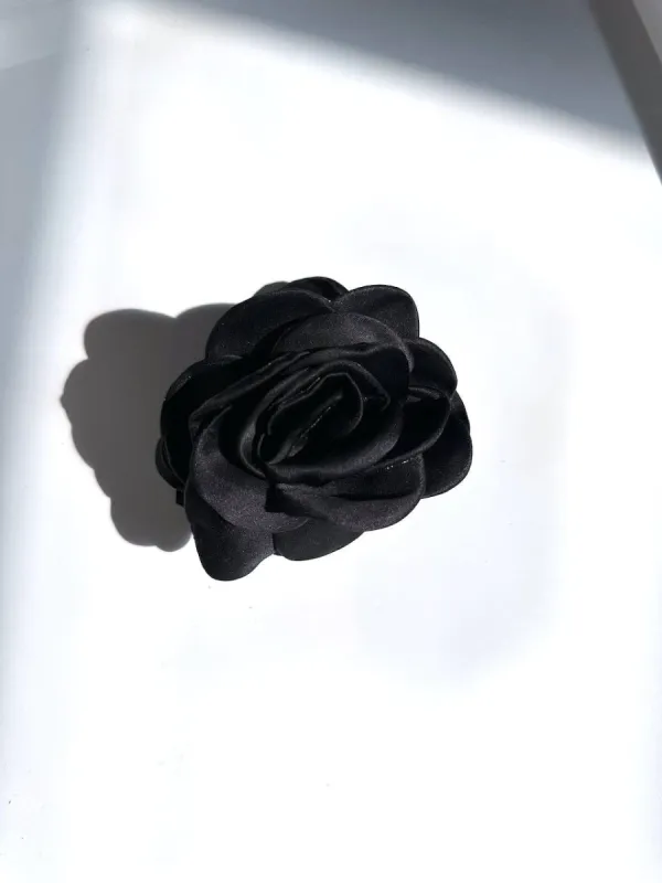Solar Eclipse | Handmade Big Satin Rose Flower Hair Claw Clip - Black sold by Fort