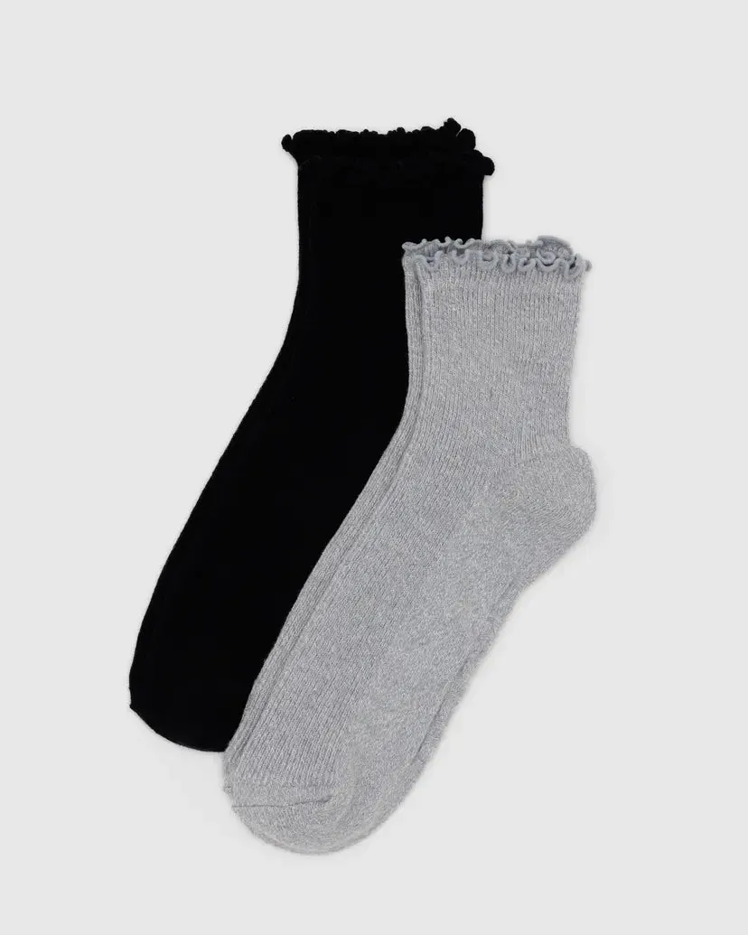 Baggu | Lettuce Edge Socks (Set of 2) - Heather Grey & Black sold by Fort