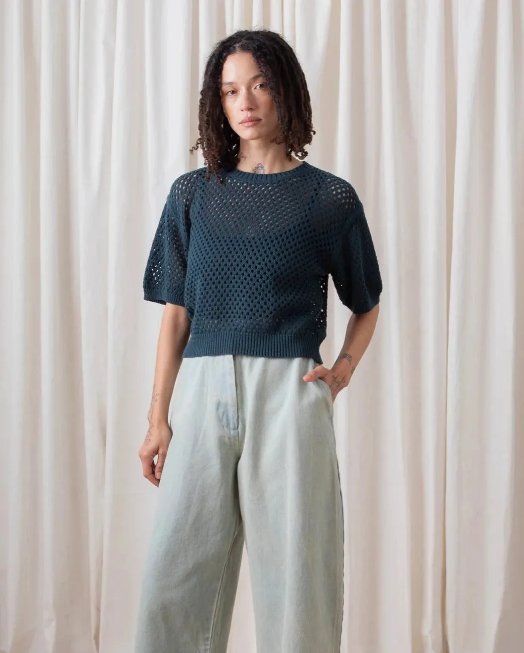 Ali Golden | Open Knit Tee Shirt - Deep Teal sold by Fort