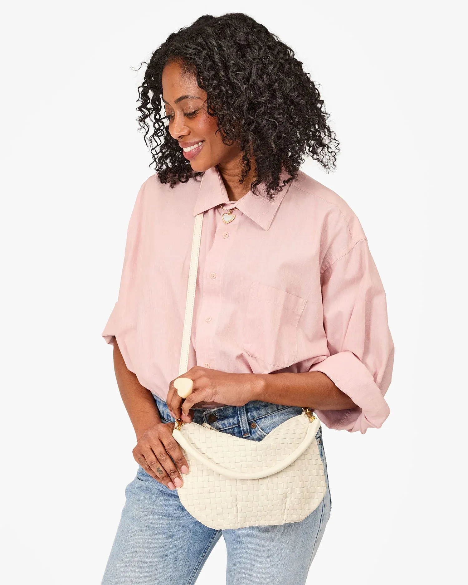 Clare V. | Petite Moyen Messenger - Cream Woven Checker sold by Fort product image thumbnail 3