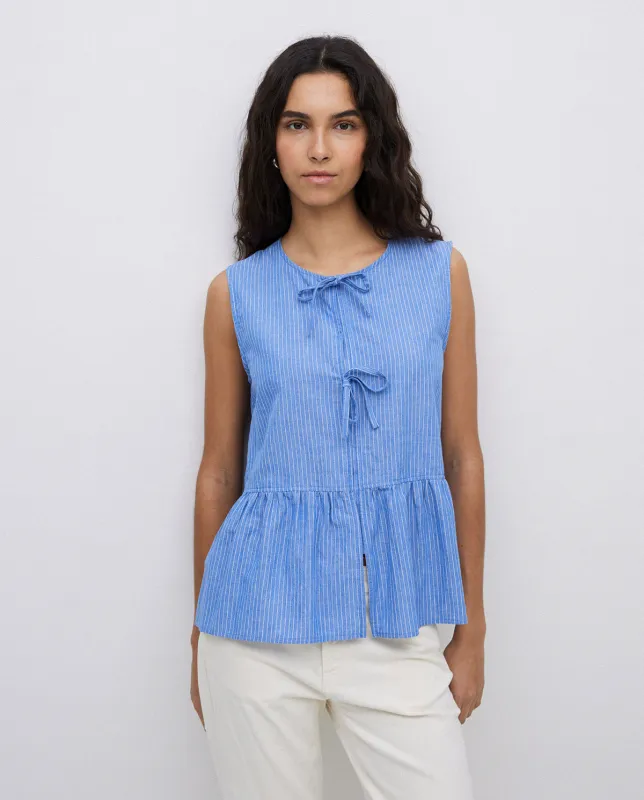 Yerse | Bow Tied Front Peplum Striped Tank Blouse- Blue sold by Fort