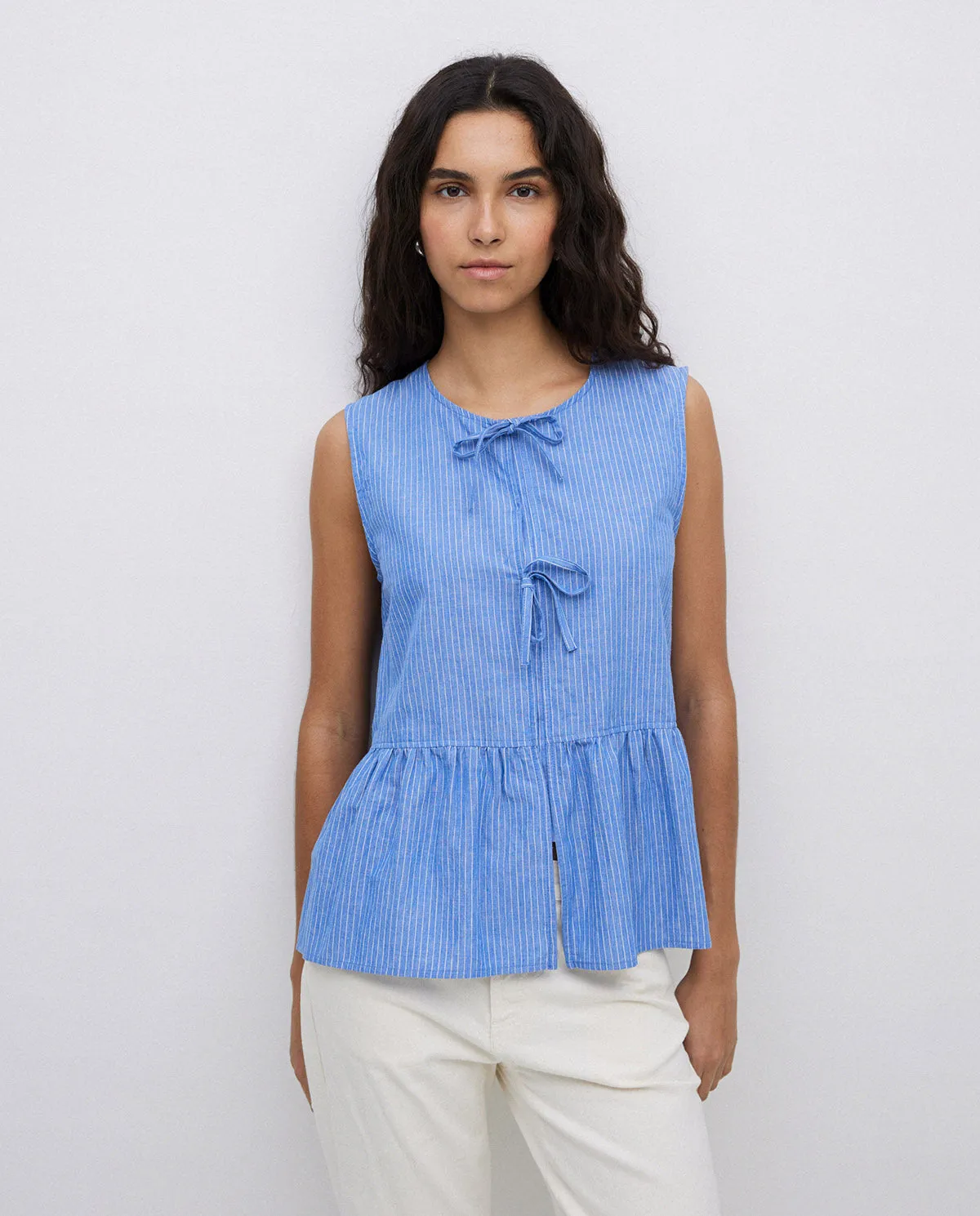 Yerse | Bow Tied Front Peplum Striped Tank Blouse- Blue sold by Fort