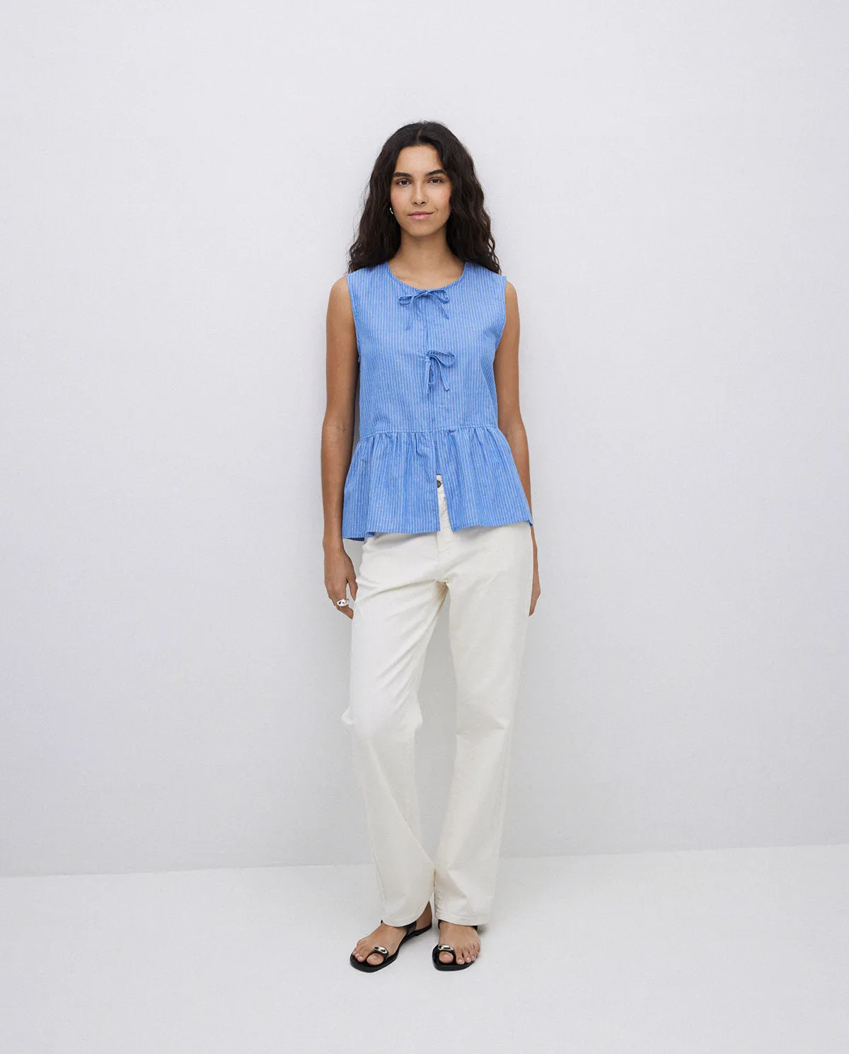 Yerse | Bow Tied Front Peplum Striped Tank Blouse- Blue sold by Fort product image thumbnail 2