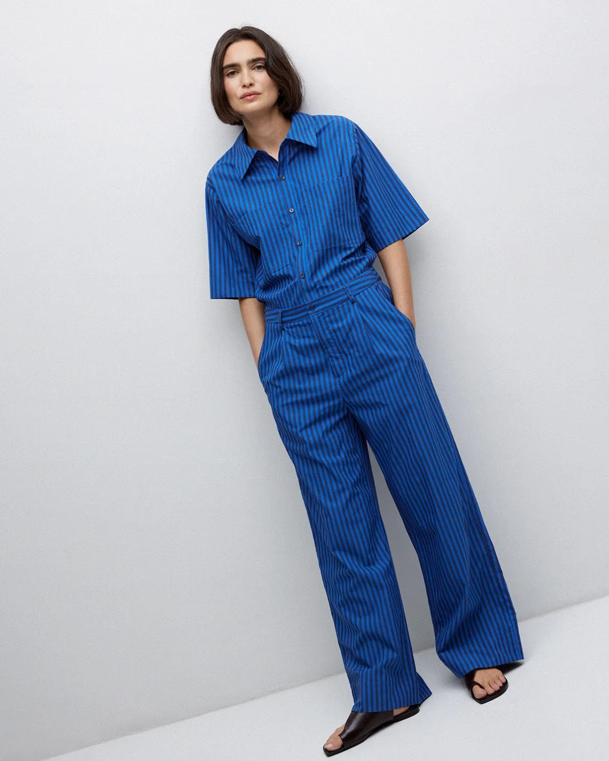 Yerse | Striped Cotton Long Jumpsuit - Blue sold by Fort