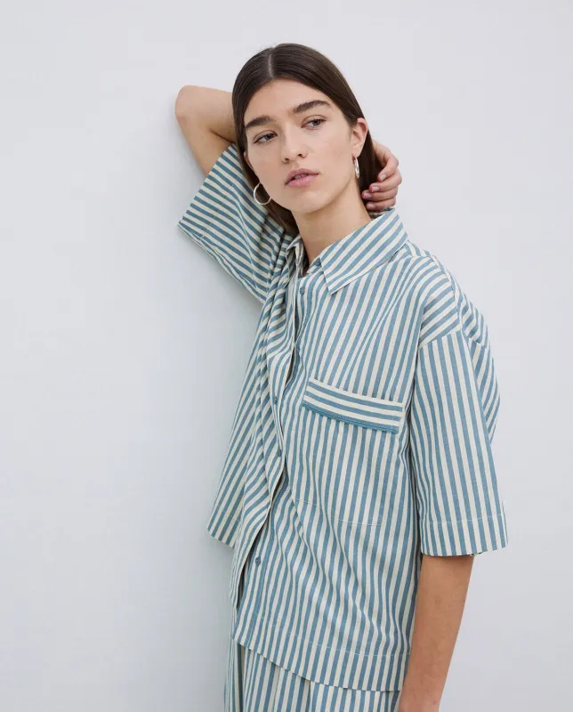 Yerse | Striped Poplin Shirt - Green sold by Fort