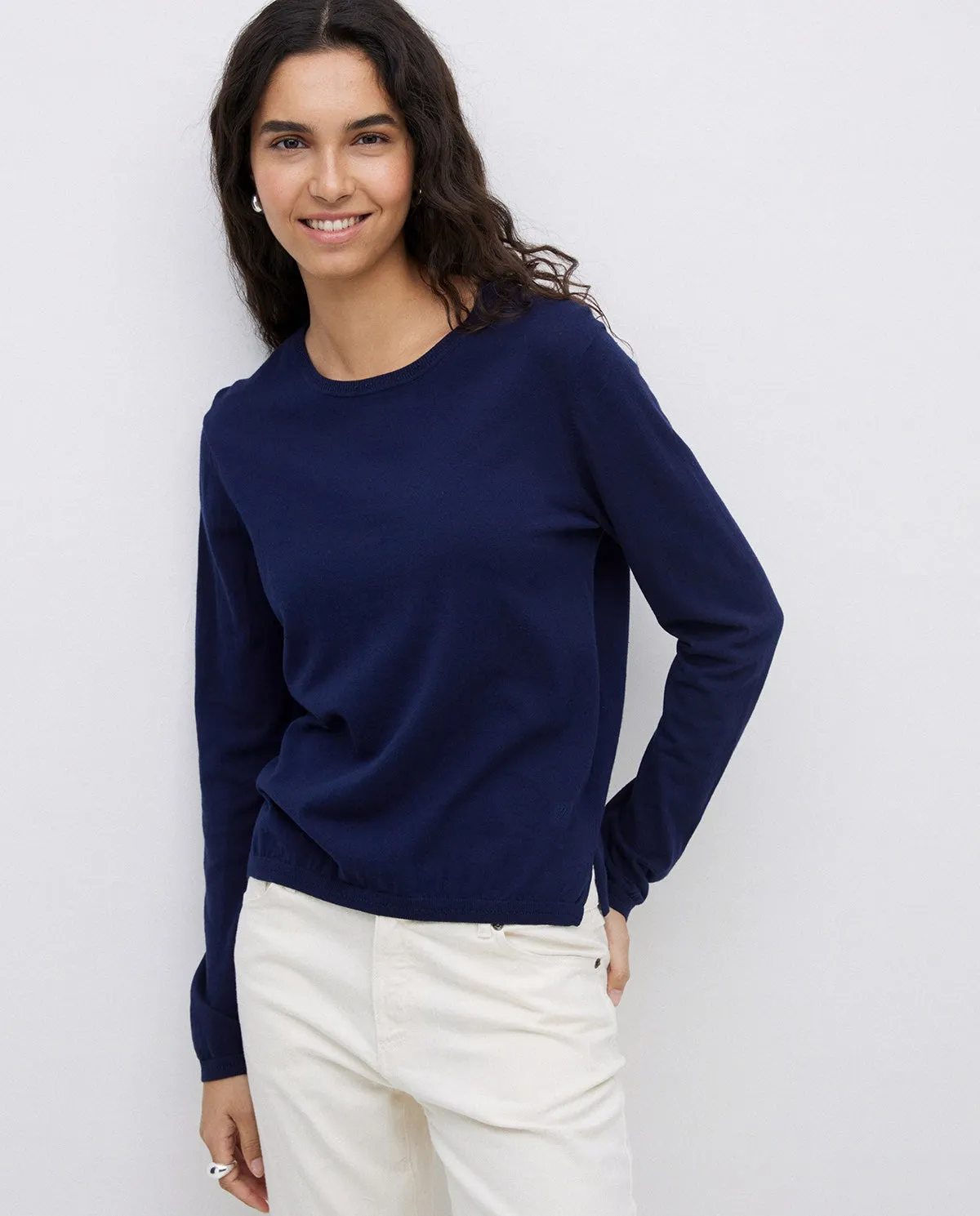 Yerse | Round-Neck Cotton Jumper - Navy sold by Fort