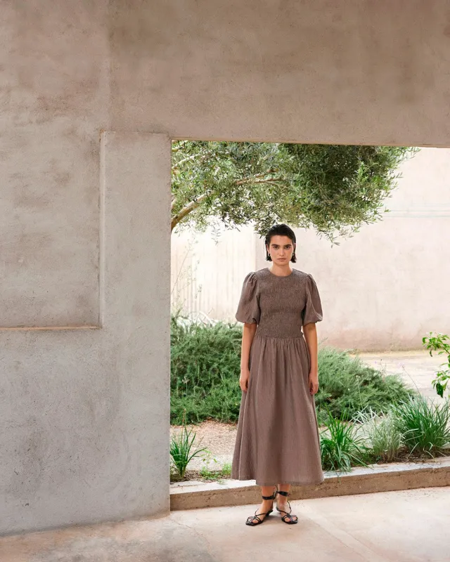 Yerse | Long Puffed-Sleeve Dress - Khaki sold by Fort