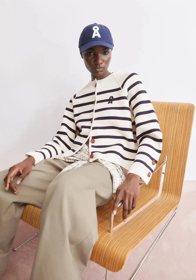 ARMEDANGELS | Placed Stripe Knit Cardigan - Oatmilk/Night Sky sold by Fort