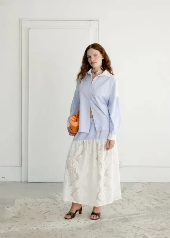 A Bronze Age | Field Skirt - Tabitha lace / Micro Blue Stripe made by A Bronze Age