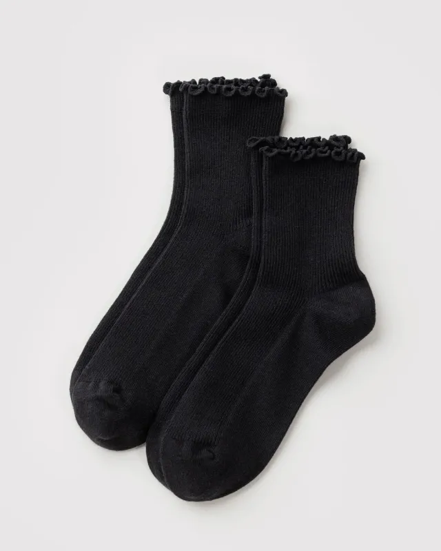 Baggu | Crew Socks - Lettuce Edge Sock Set of 2 - Black made by Fort