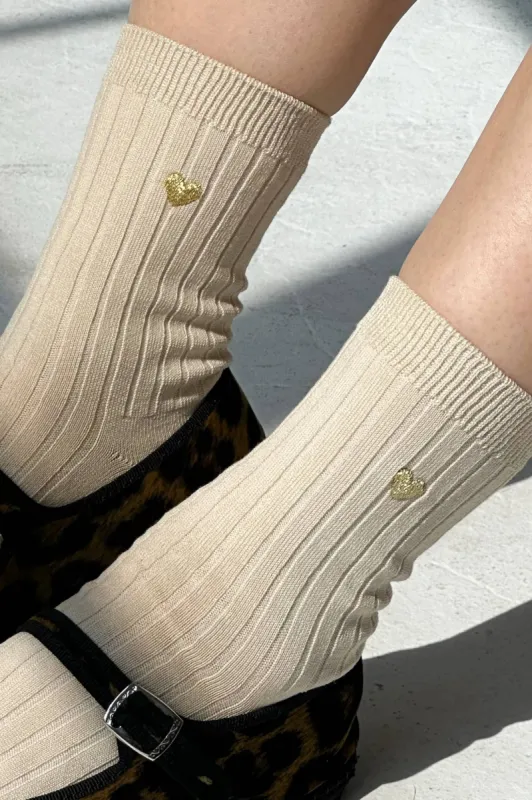 Le Bon Shoppe | Embroidered Her Socks - French Vanilla + Gold Heart sold by Fort