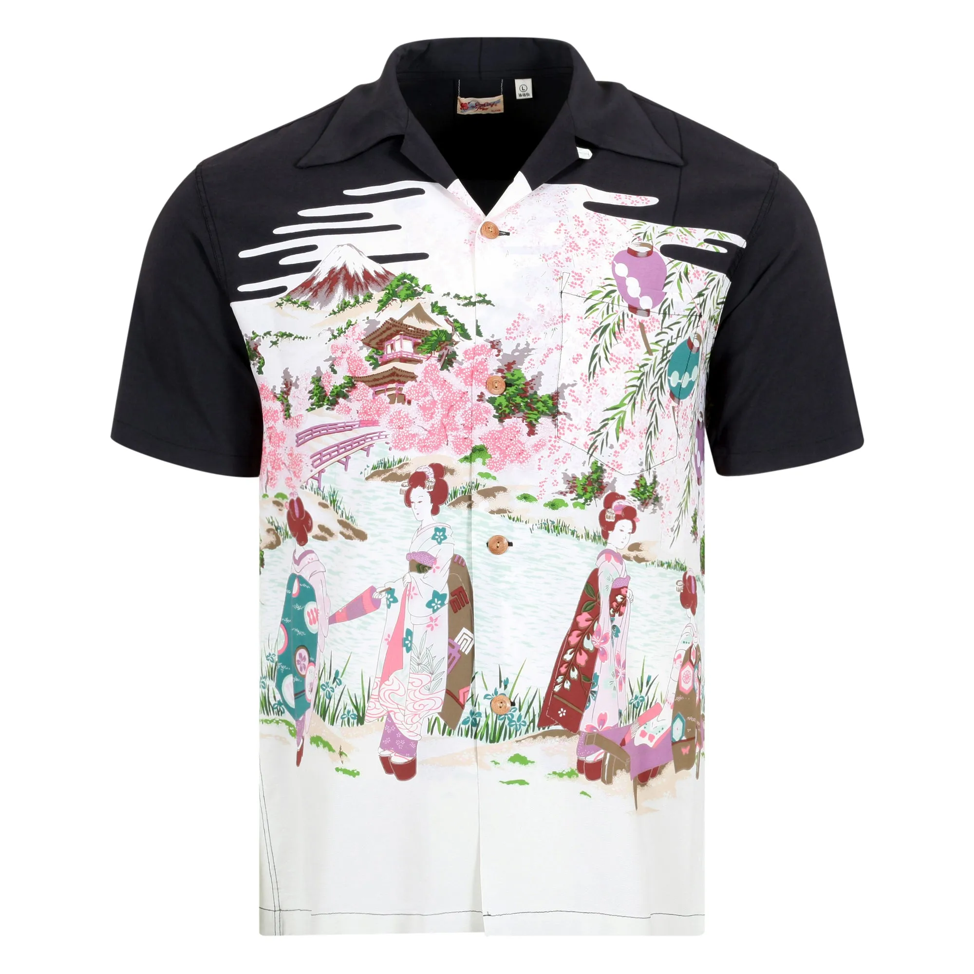 Black SS38030 Old Japanese Scenery Printed Hawaiian Shirt SURF10086 sold by SugarCane Jeans