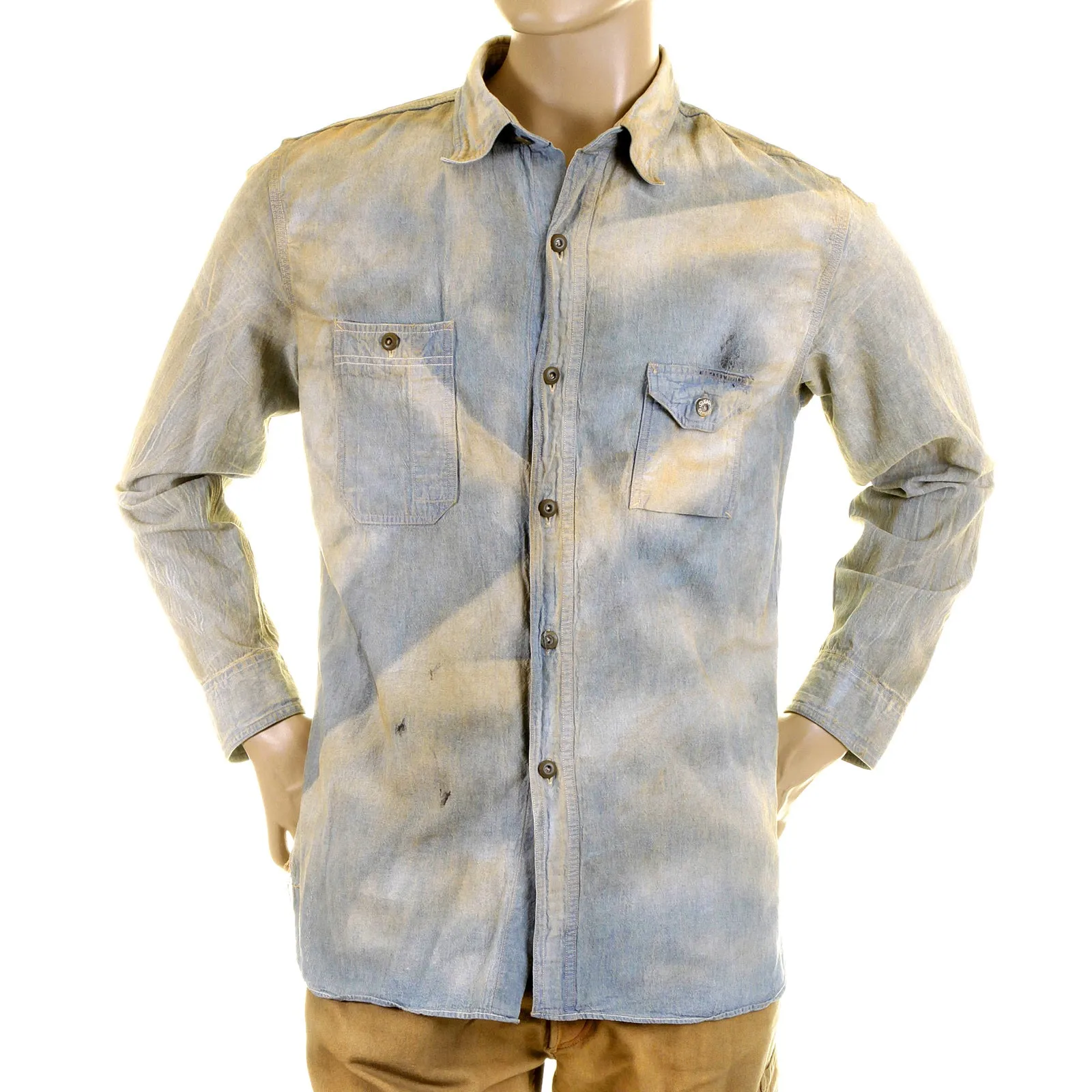Chambray Heavy Wash Navy SC25355H Stained Vintage Work Shirt CANE2834 sold by SugarCane Jeans