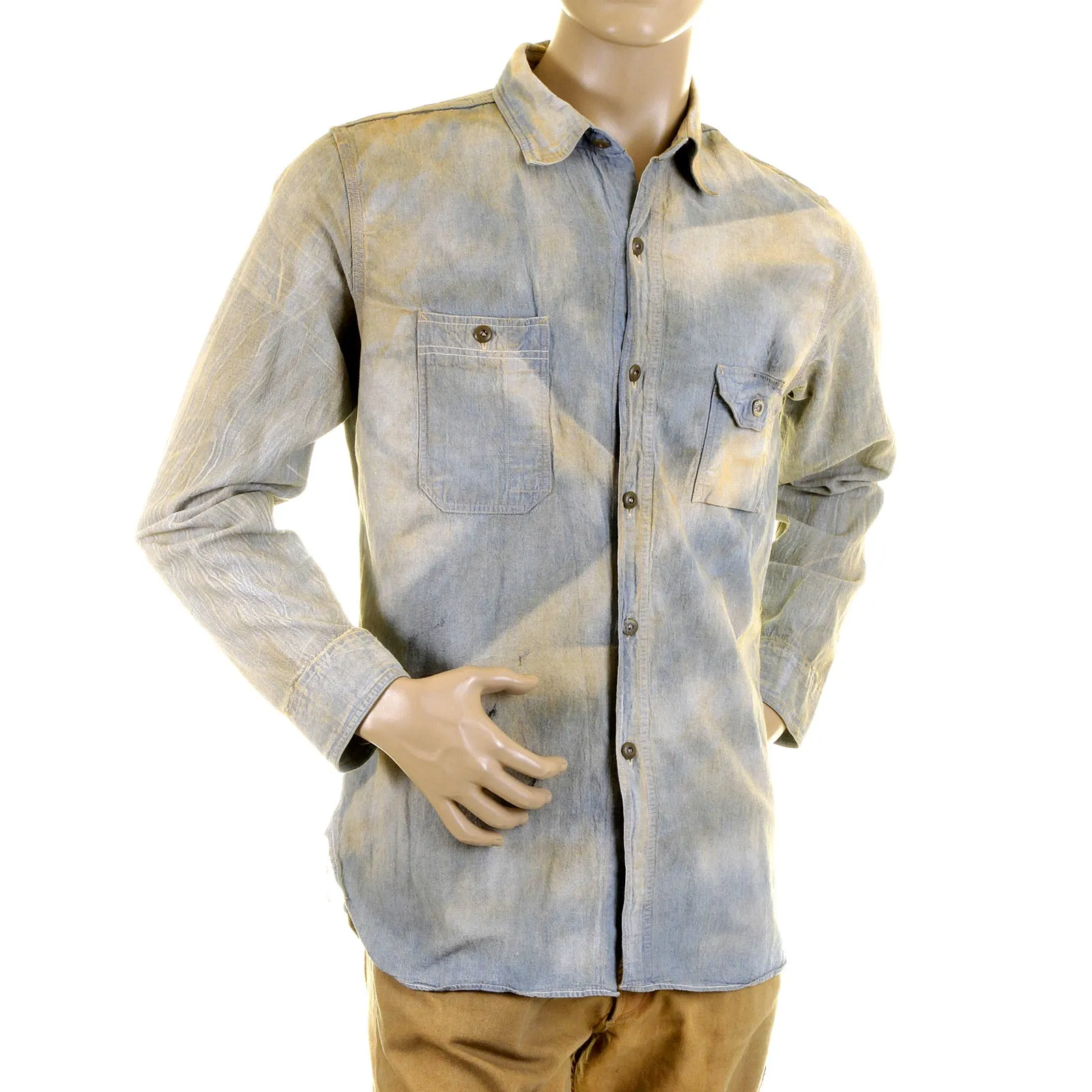Chambray Heavy Wash Navy SC25355H Stained Vintage Work Shirt CANE2834 sold by SugarCane Jeans product image thumbnail 3