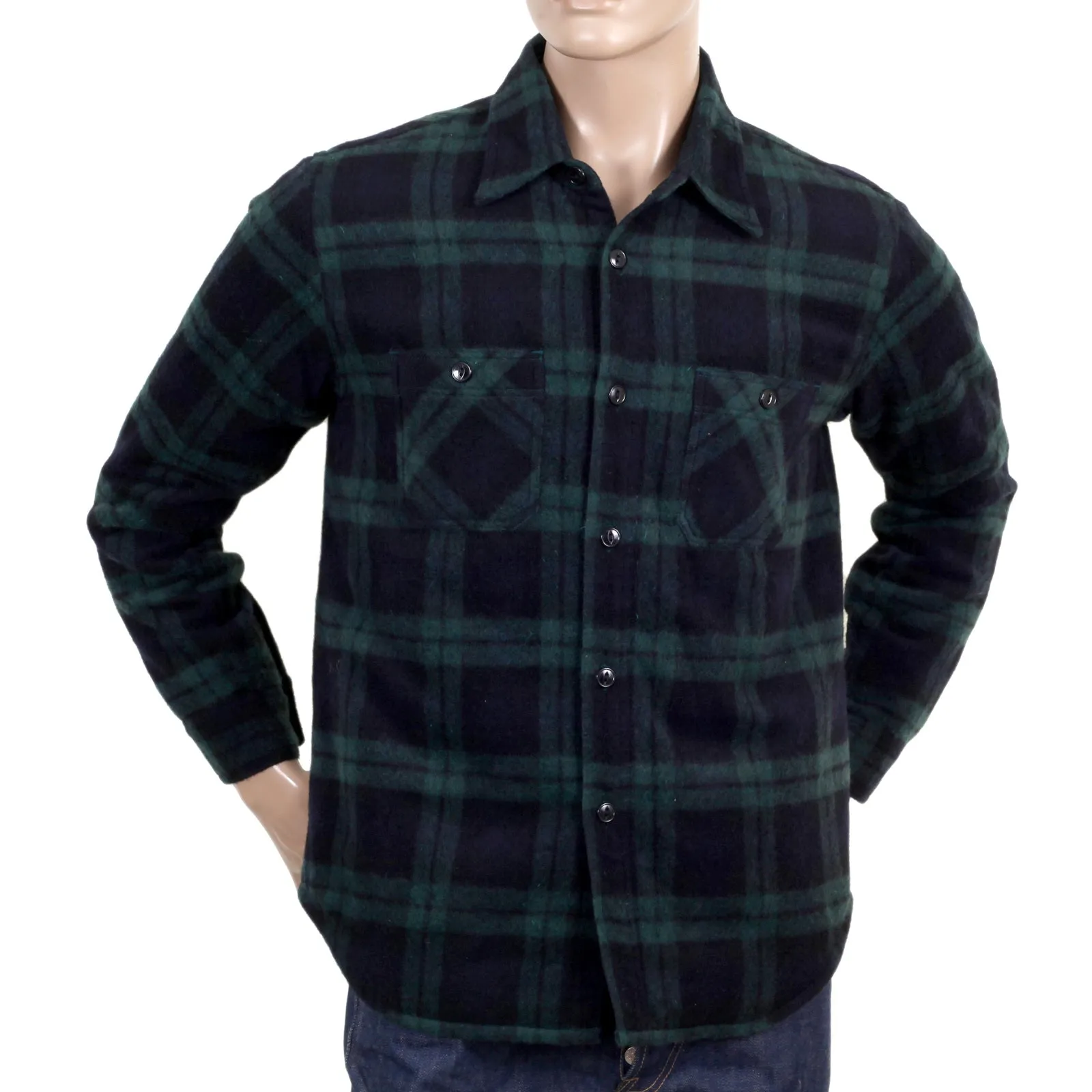 Green Quilted Lining SC13178 Wool Mix Checked CPO Overshirt CANE4464 sold by SugarCane Jeans