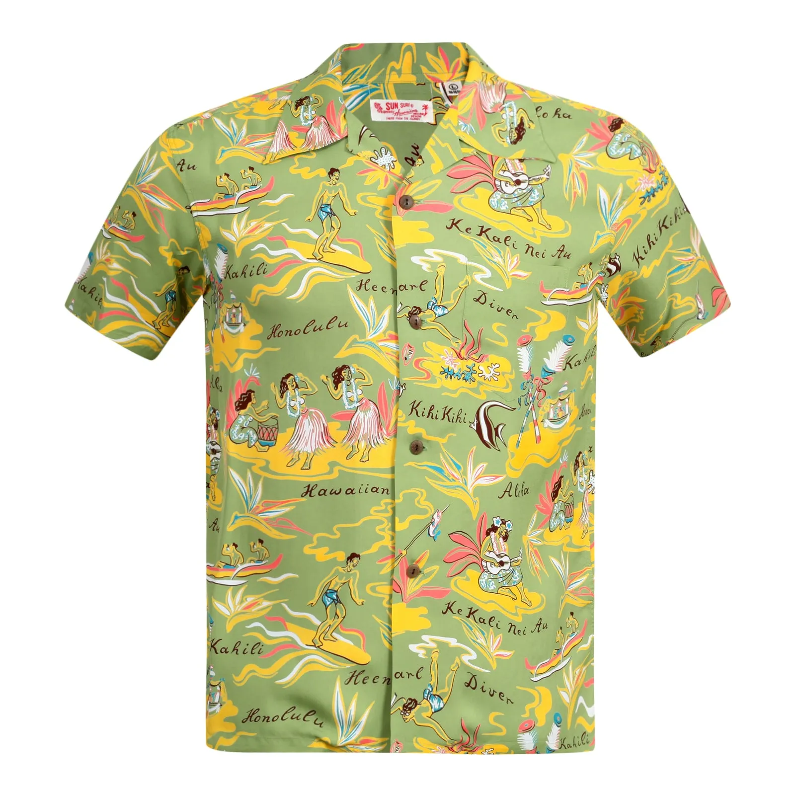 Mens Hawaiian Hula Print SS37771 Green Rayon Hawaiian Shirt SURF8586 sold by SugarCane Jeans product image thumbnail 3