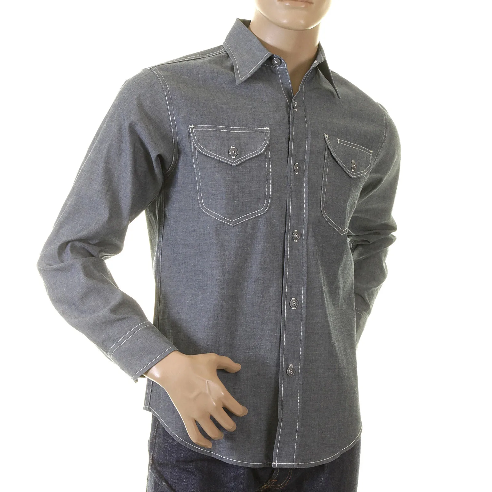 Navy Chambray Non Wash SC25638N Vintage Cut Work Shirt CANE2021 sold by SugarCane Jeans product image thumbnail 3