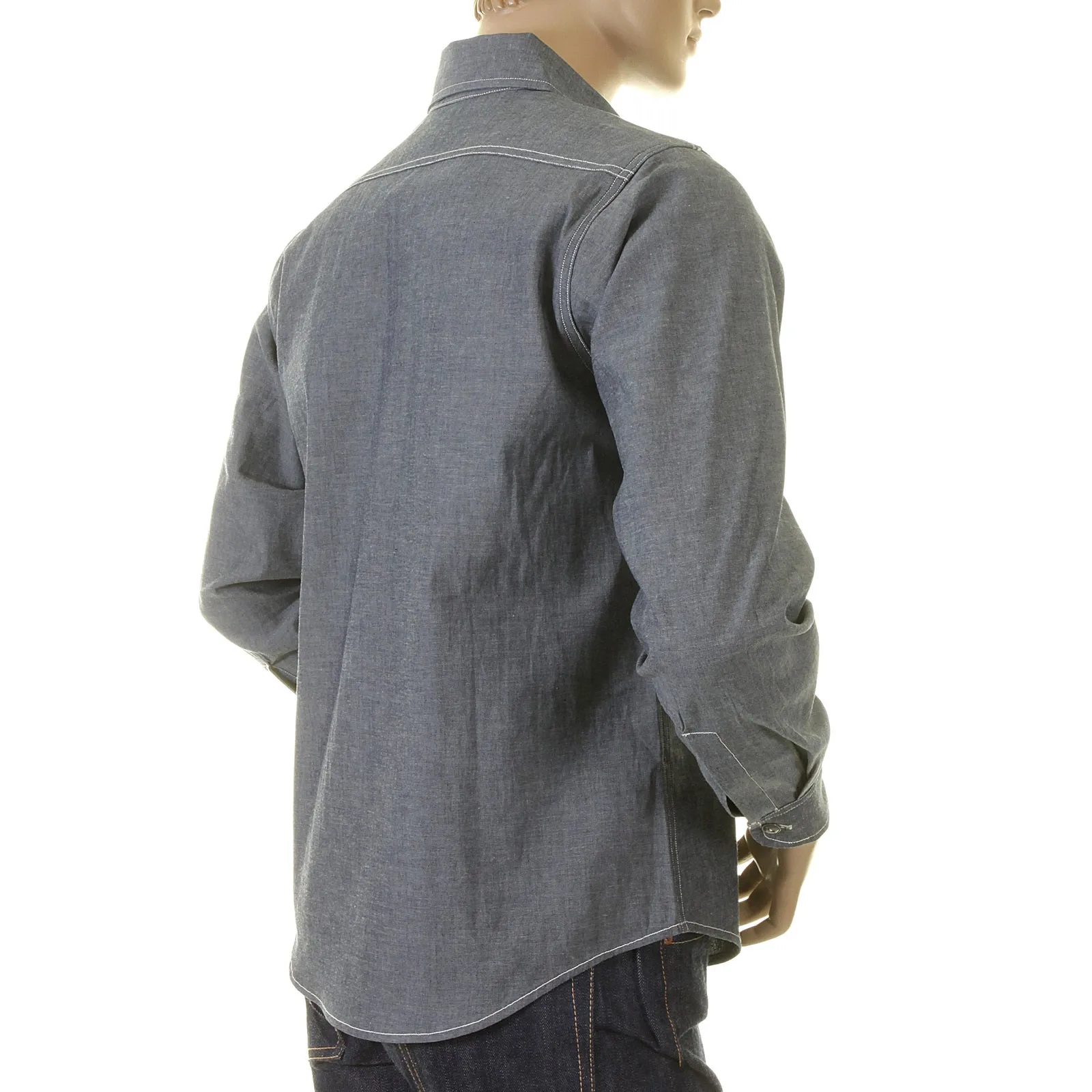 Navy Chambray Non Wash SC25638N Vintage Cut Work Shirt CANE2021 sold by SugarCane Jeans product image thumbnail 4