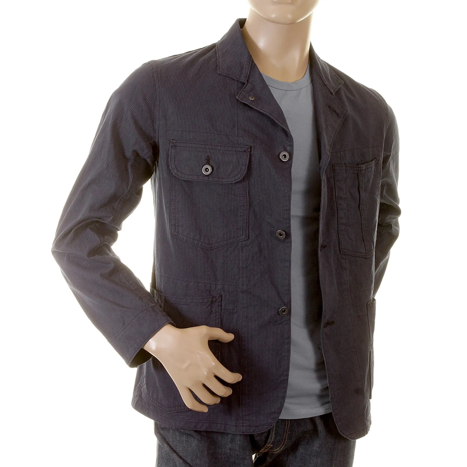 Navy Pinstriped Regular Fit SC12455 Vintage Cut Work Jacket CANE2016 sold by SugarCane Jeans product image thumbnail 4