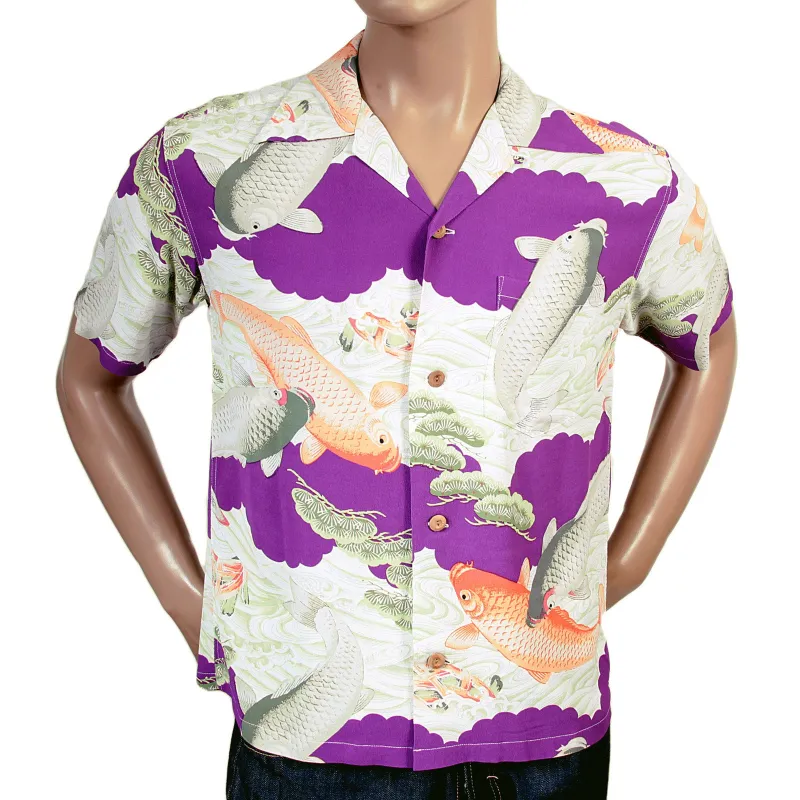Purple Cuban Collared SS36434 Koi Carp Printed Hawaiian Shirt SURF4300 sold by SugarCane Jeans
