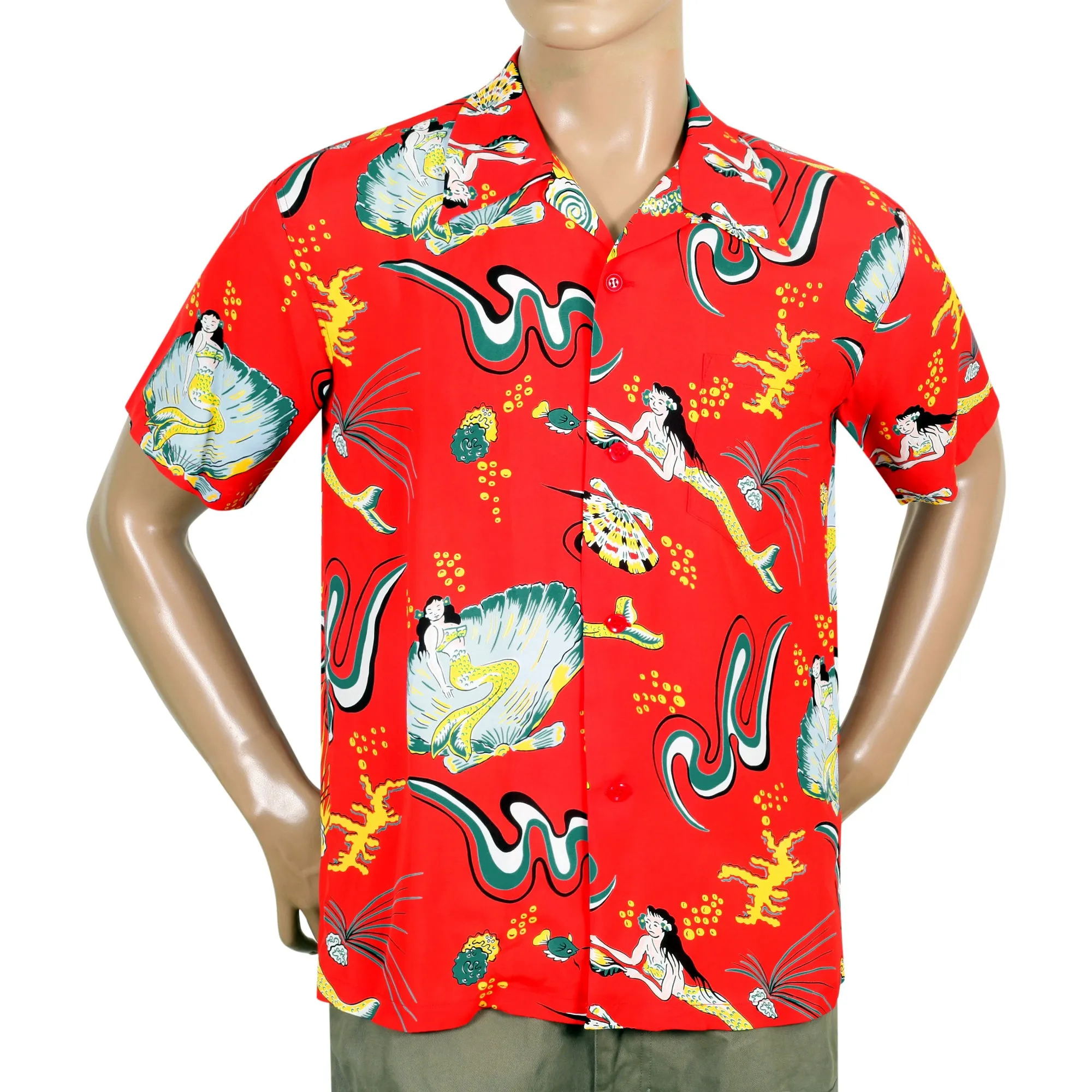 Red Mermaid Print SS38031 Hawaiian Shirt with Cuban Collar SURF10088 sold by SugarCane Jeans product image thumbnail 5